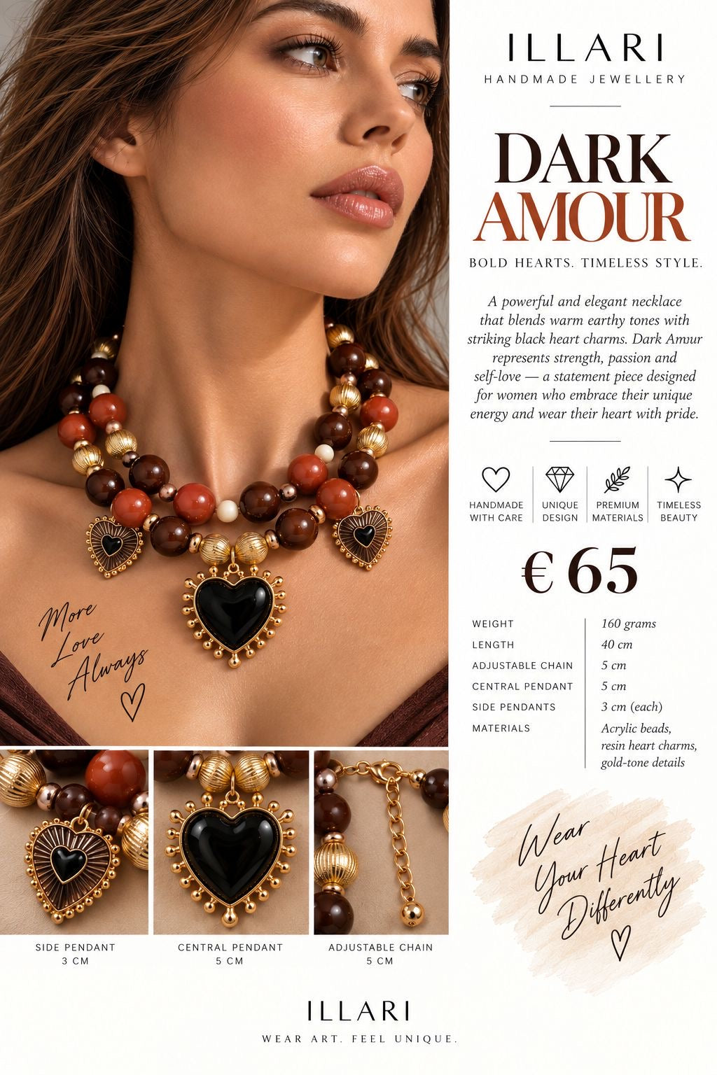 Dark Amour – Statement-Kette mit schwarzen Herzanhängern in Braun, Rostrot & Gold