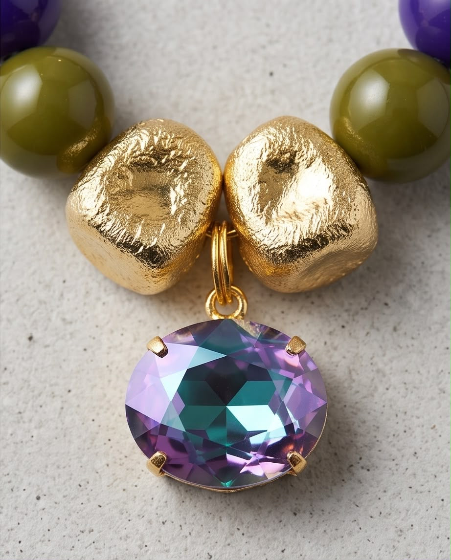 Mystic Fall – Purple & Olive Statement Necklace with Iridescent Crystal