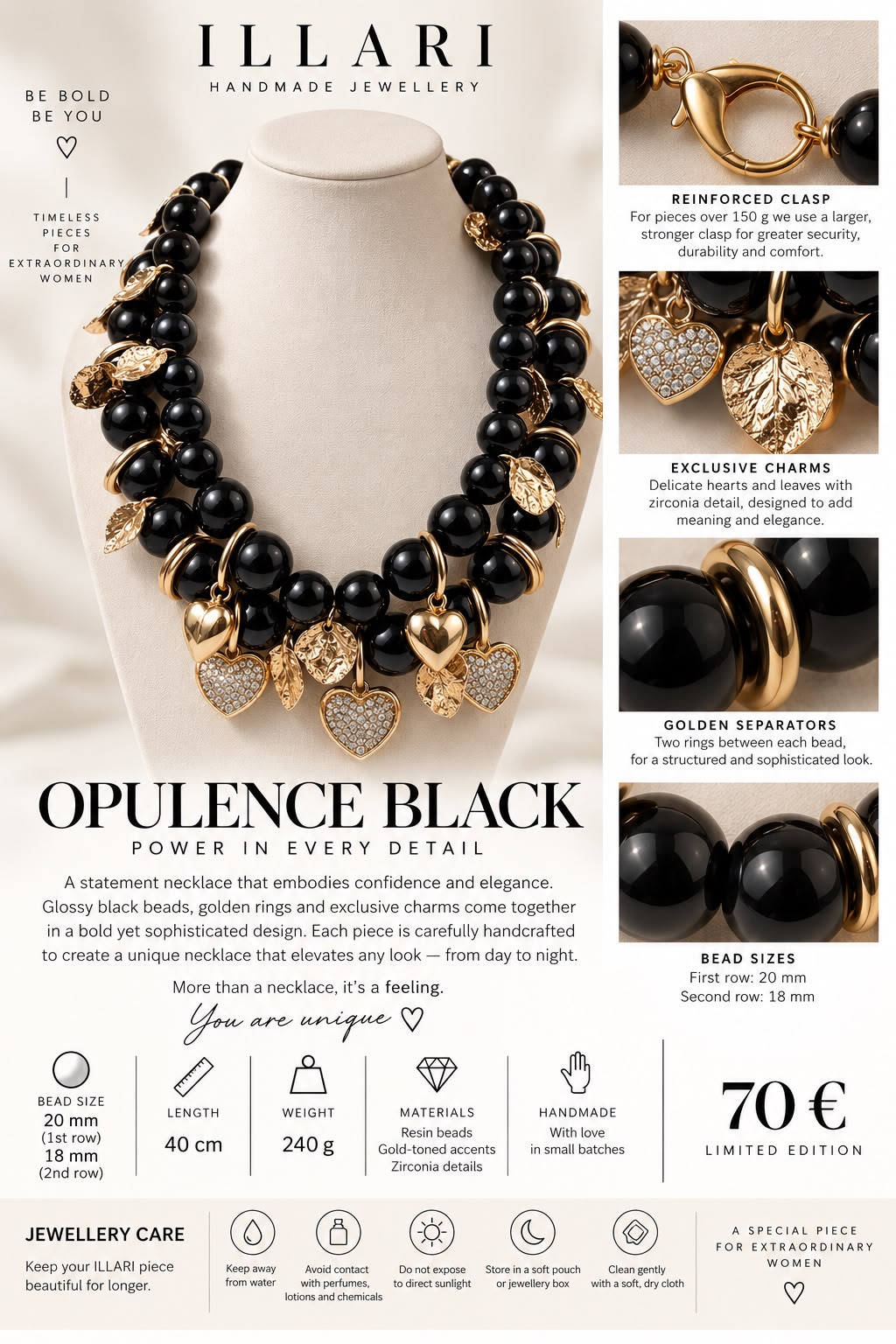Opulence Black – Handmade Black & Gold Statement Necklace