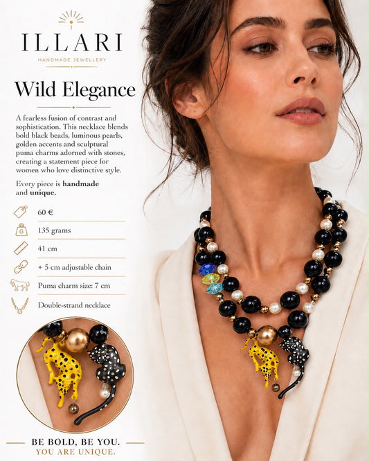 Wild Elegance – Schwarze Statement-Halskette mit Wildkatzen | Einzelstück