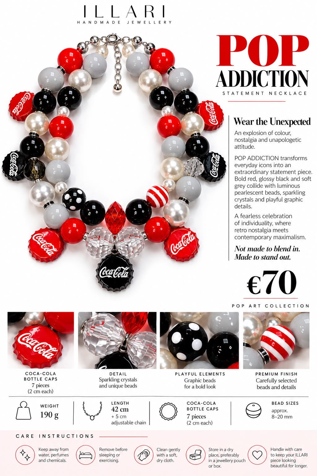Pop Addiction – Zweireihige Statement-Kette mit Coca-Cola-Anhängern in Rot, Schwarz, Grau & Perle