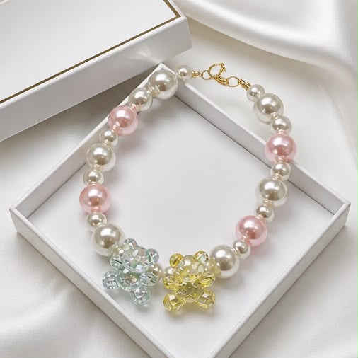 Crystal Bear – Pearl Necklace in Pink & Cream with Teddy Bear Pendants | Unique Piece
