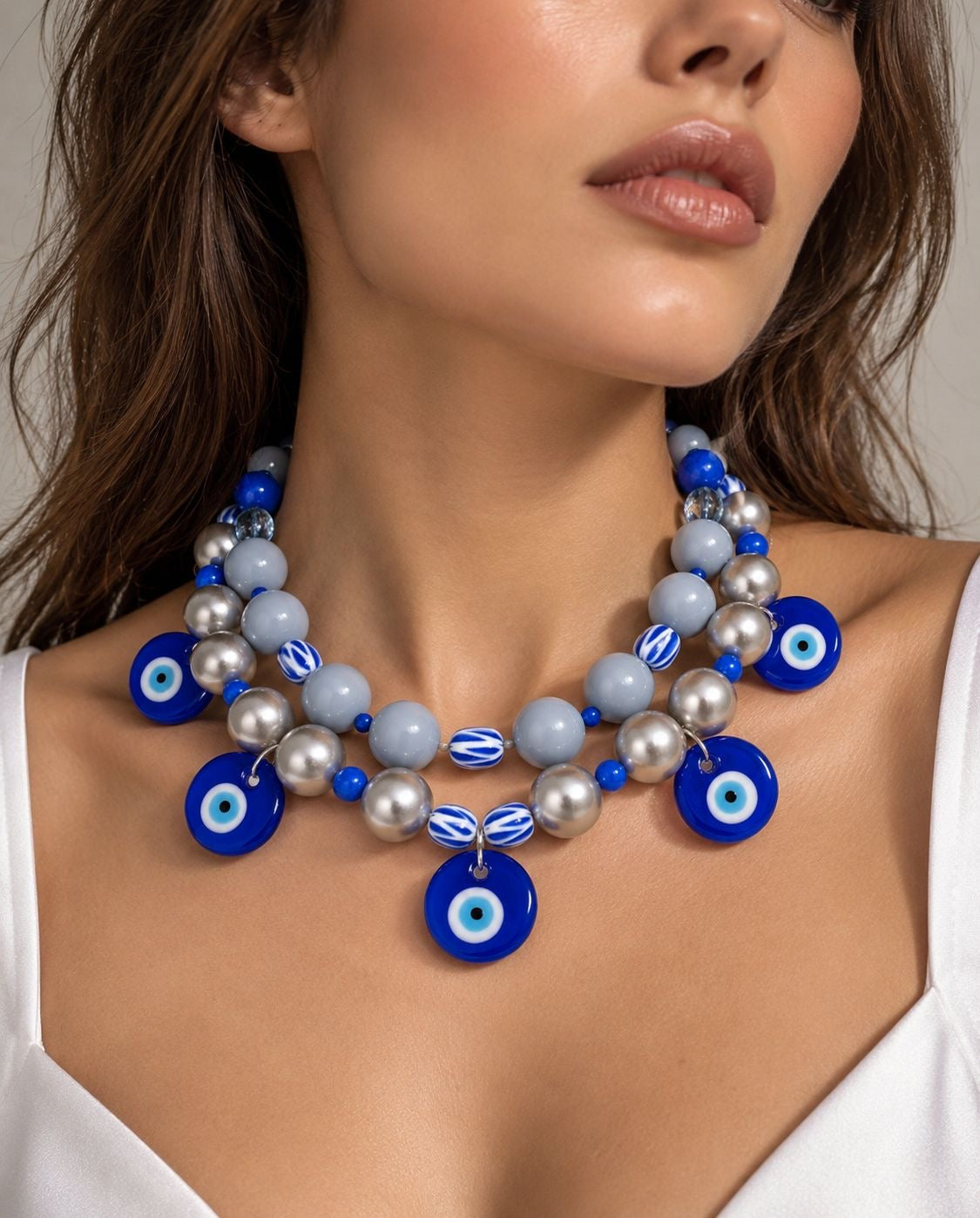 Iconic Blue – Statement-Kette mit Evil-Eye-Anhängern in Blau & Silber