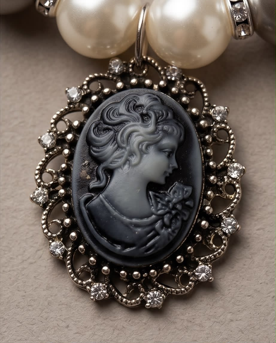 Silver Pearl Cameo Handmade Statement Necklace by Illari