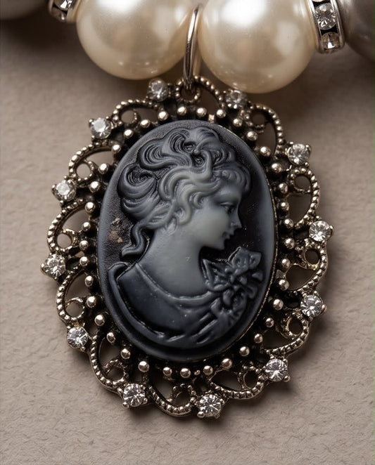 Silver Pearl Cameo Handmade Statement Necklace by Illari