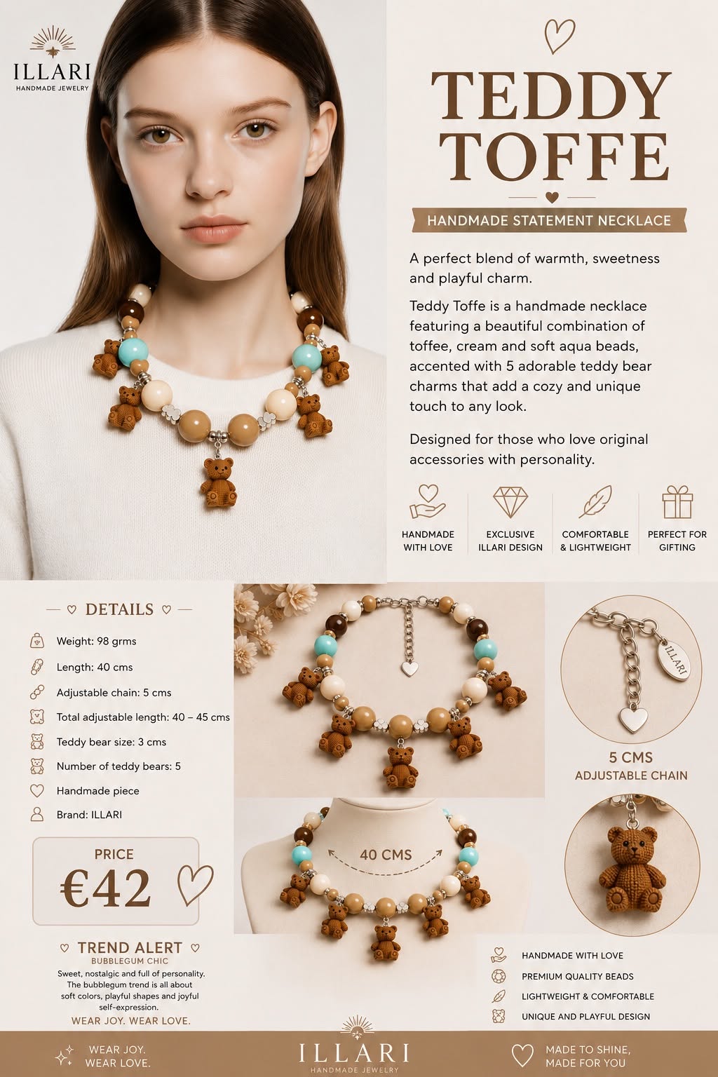 Teddy Toffee Handmade Necklace by Illari