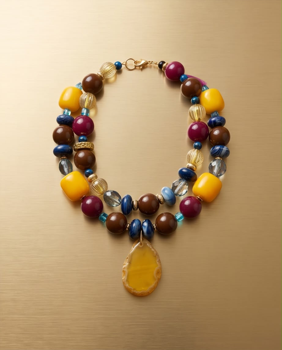 Tuscany – Statement Necklace in Gold, Blue & Warm Earth Tones | One-of-a-kind