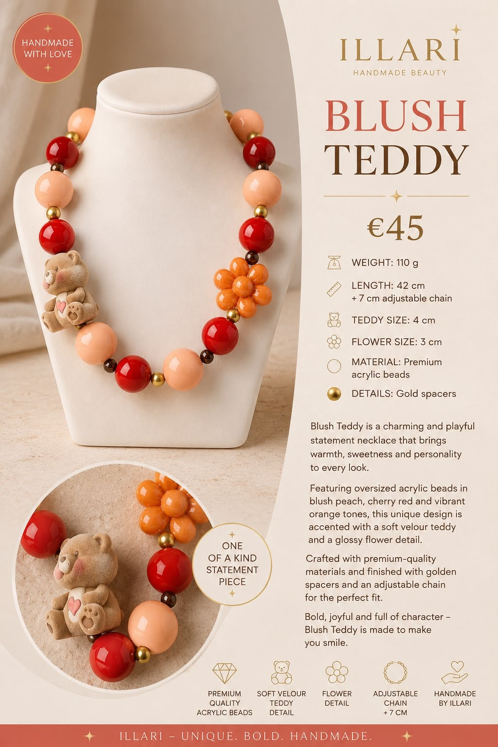 Blush Teddy Handmade Statement Necklace by Illari