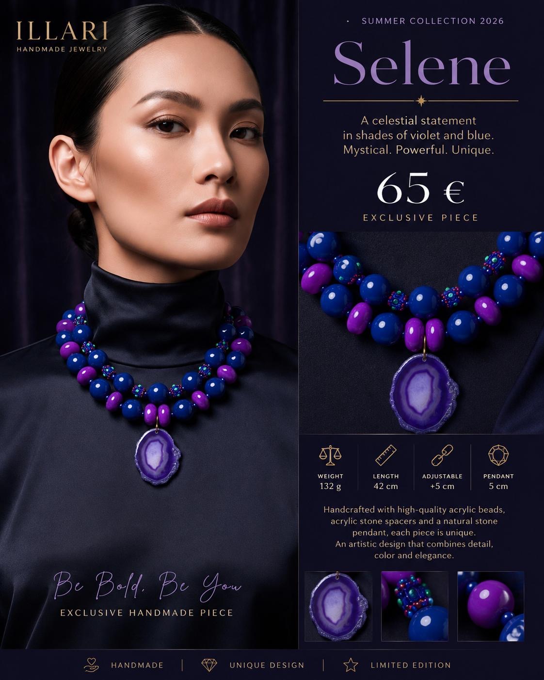 Selene – Handmade Statement Necklace with Natural Purple Agate Pendant