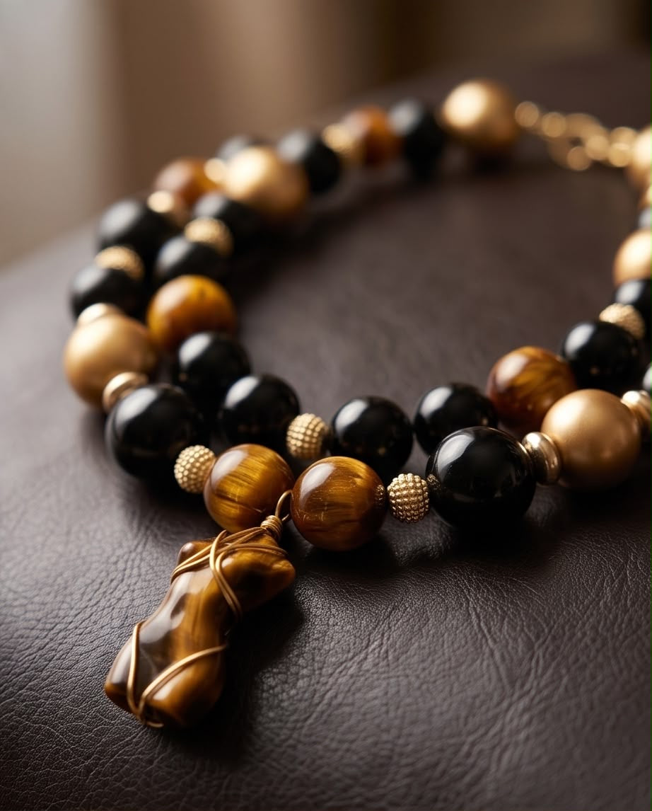 LE CORPS – Statement Halskette in Schwarz, Gold & Tigerauge mit Körper-Anhänger