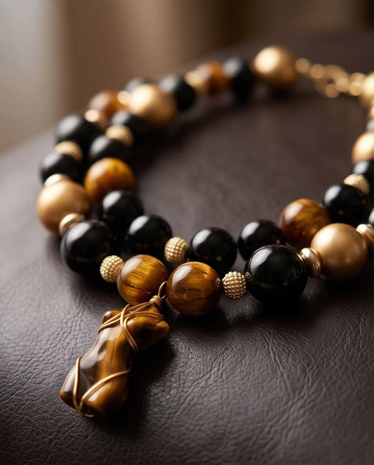 LE CORPS – Statement Halskette in Schwarz, Gold & Tigerauge mit Körper-Anhänger