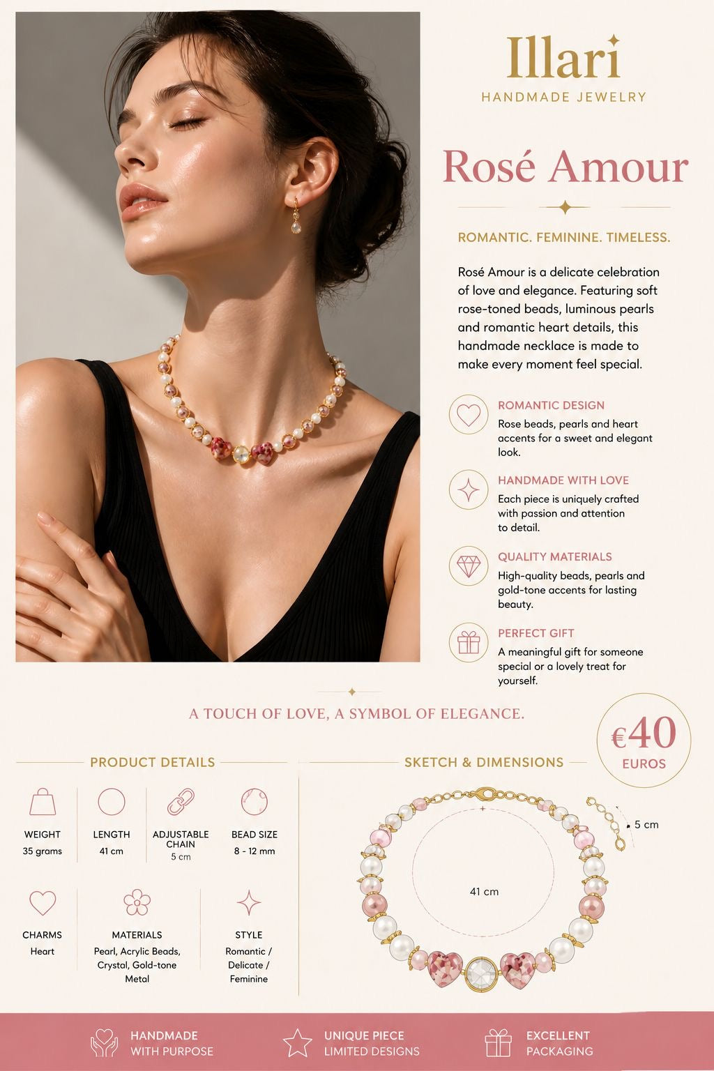 Rosé Amour Handmade Halskette by Illari – Romantische Perlenkette mit Herzdetails – Unikat