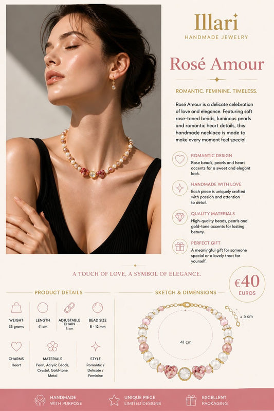 Rosé Amour Handmade Halskette by Illari – Romantische Perlenkette mit Herzdetails – Unikat