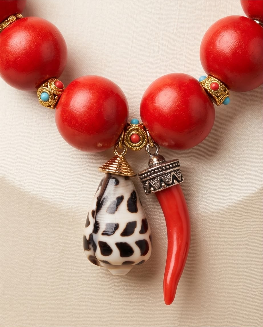 RED PASSION – Rote Statement Halskette mit Holzperlen & 13 Charms