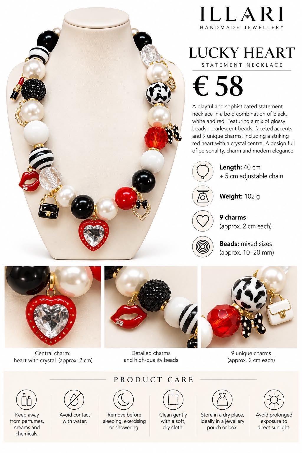 LUCKY HEART – Statement Halskette mit Herz, Charms & Perlen