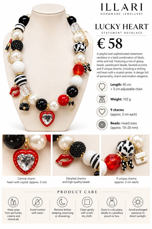 LUCKY HEART – Statement Halskette mit Herz, Charms & Perlen