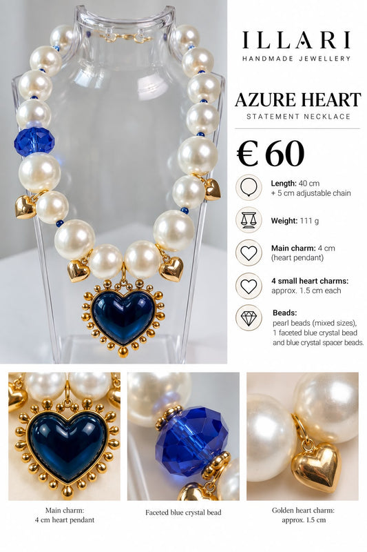 AZURE HEART – Statement Halskette mit Perlen, blauem Herz & goldenen Details