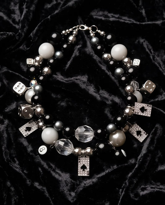 LUCKY EIGHT – Statement Halskette Schwarz & Silber mit Würfeln, Spielkarten und 8-Ball