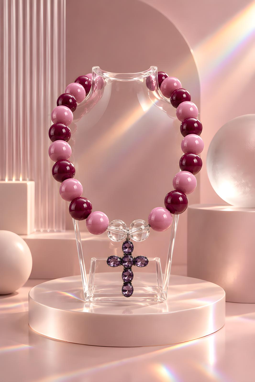 Fall Rhapsody – Pink & Berry Statement Necklace with Crystal Cross