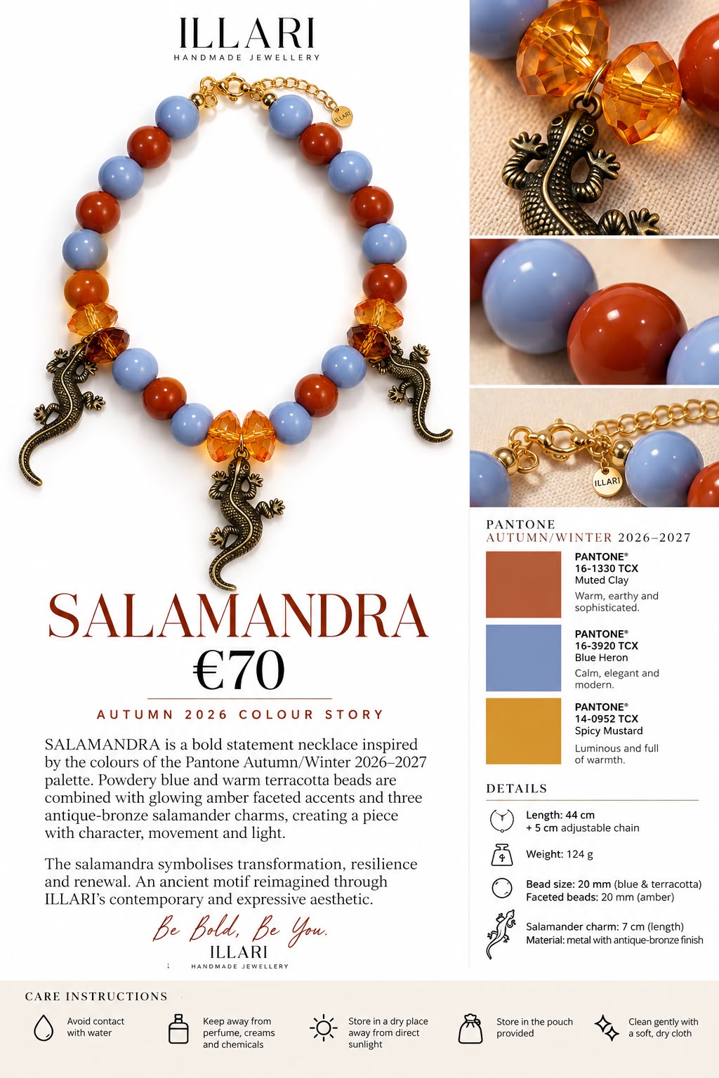 Salamandra – Statement-Kette in Blue Heron & Terracotta mit Salamander-Anhängern