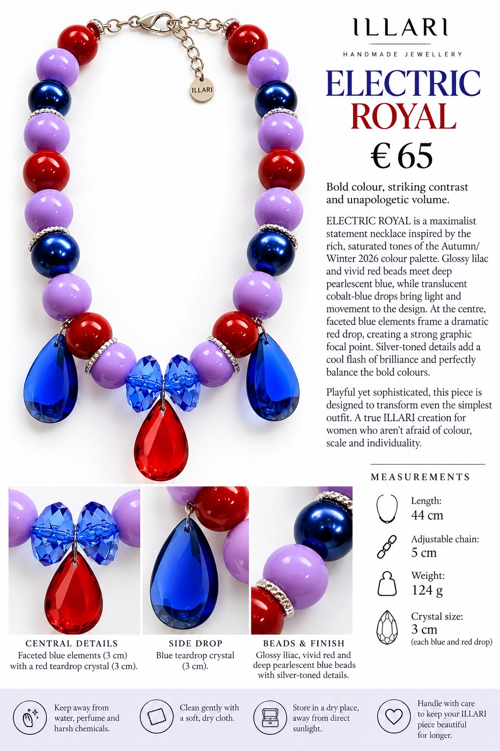 Electric Royal – Statement-Kette in Rot, Flieder & Royalblau mit Kristall-Anhängern