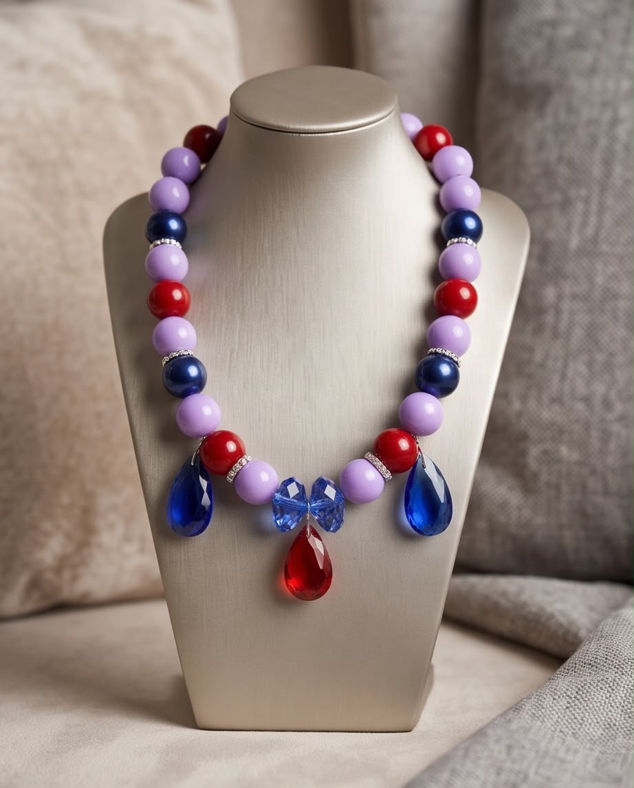 Electric Royal – Statement-Kette in Rot, Flieder & Royalblau mit Kristall-Anhängern