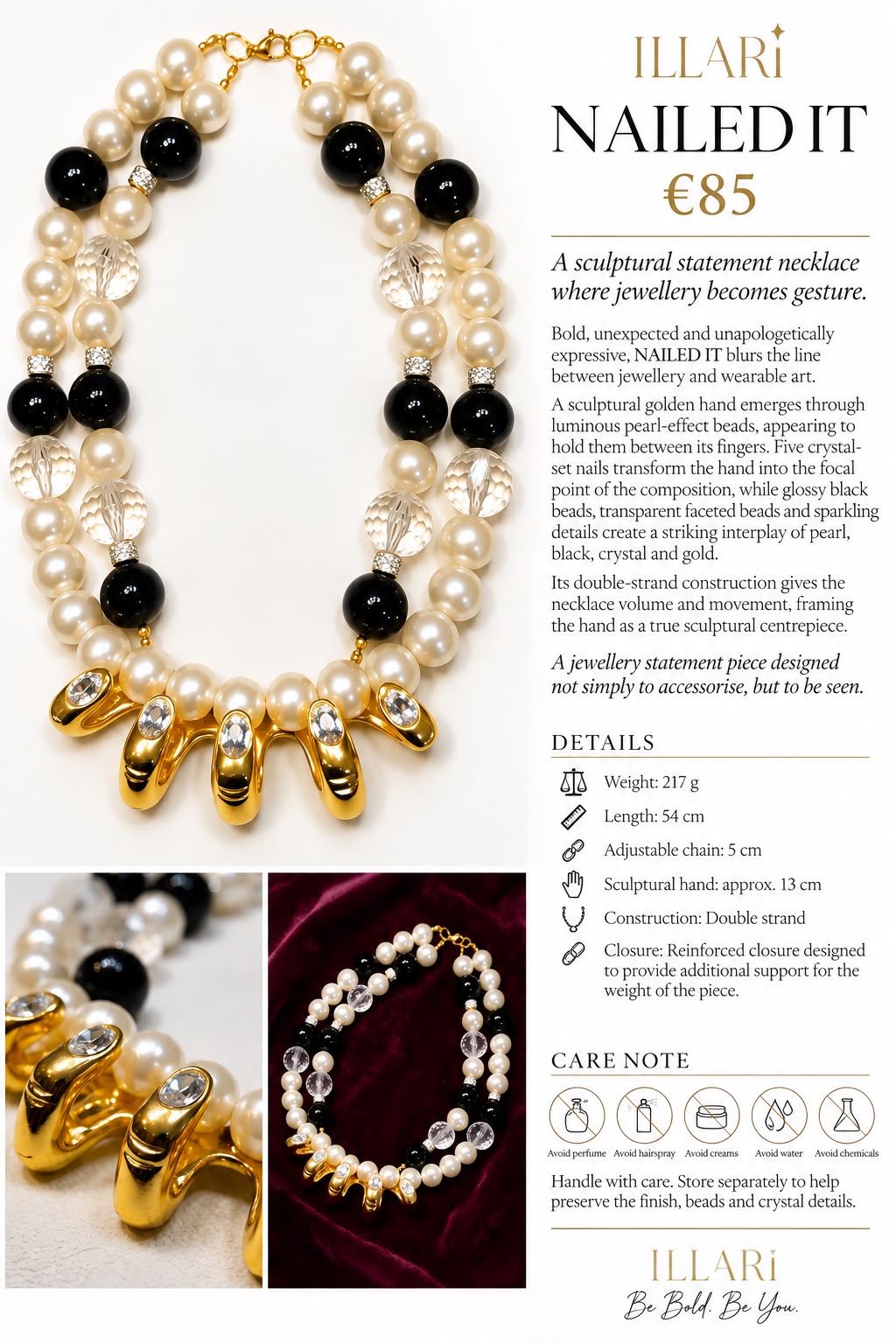 Nailed It – Statement Kette mit skulpturaler Hand in Gold, Schwarz & Perle