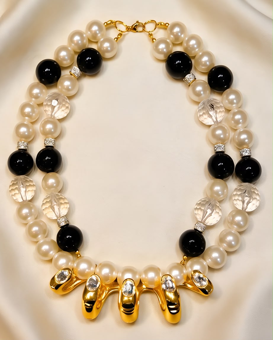 Nailed It – Statement Kette mit skulpturaler Hand in Gold, Schwarz & Perle