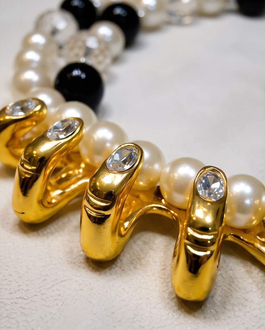 Nailed It – Statement Kette mit skulpturaler Hand in Gold, Schwarz & Perle