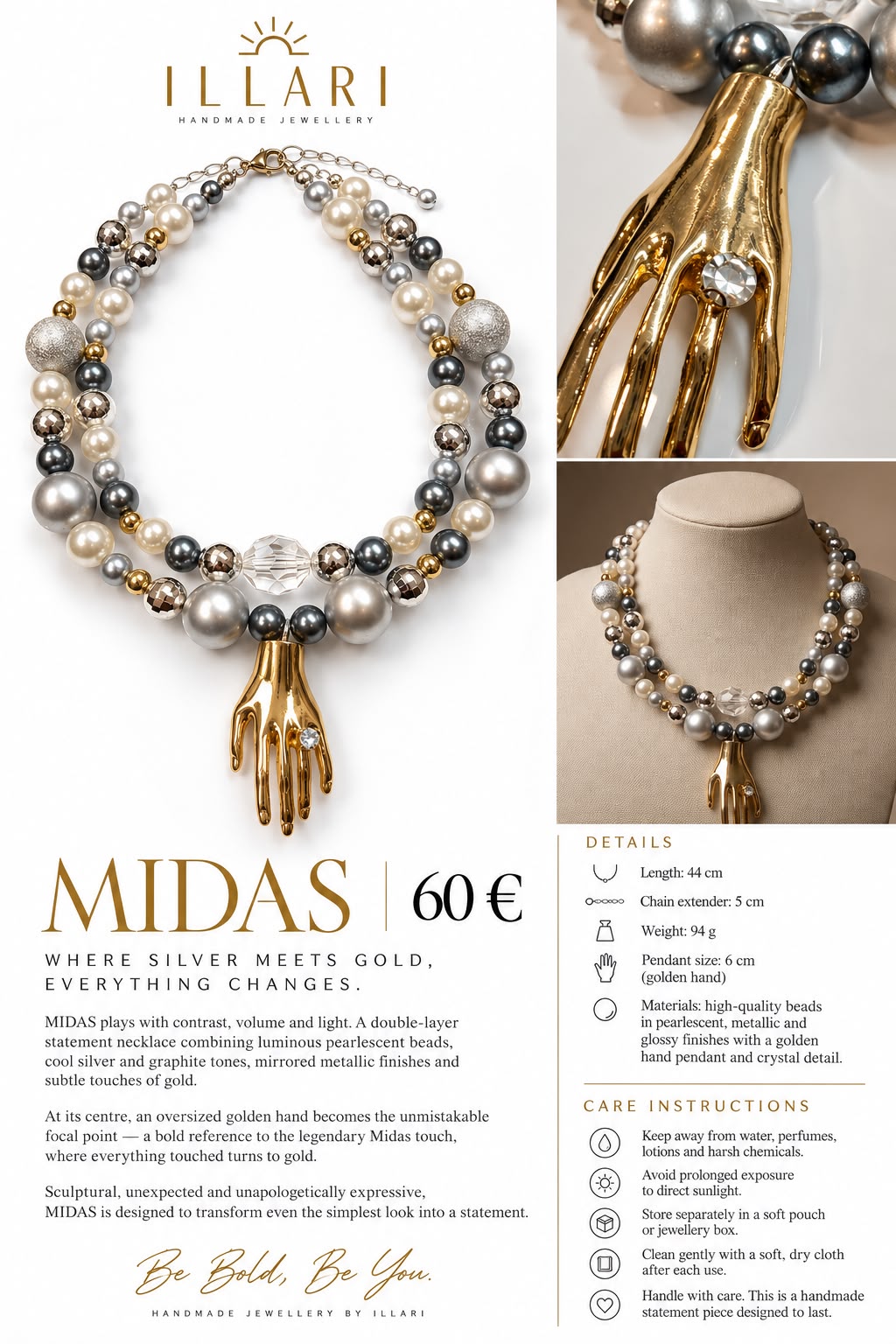 MIDAS – Statement Kette in Silber, Perle & Gold mit skulpturaler Hand