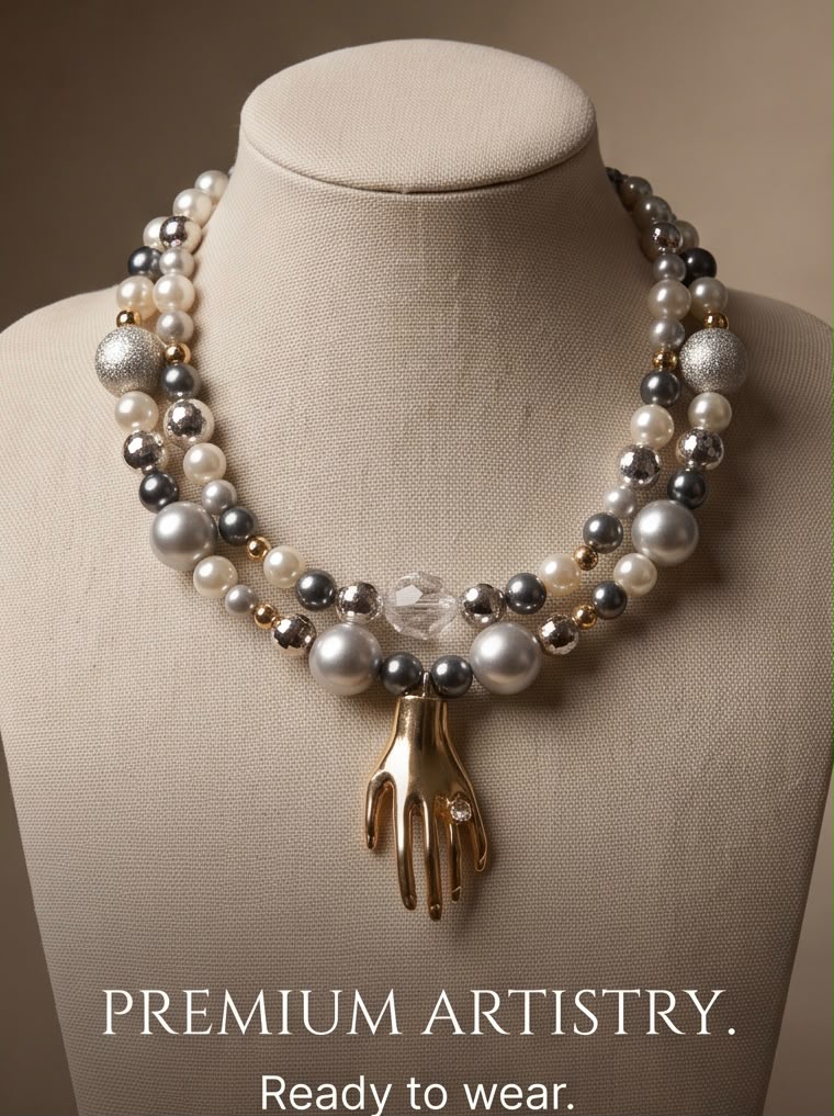 MIDAS – Statement Kette in Silber, Perle & Gold mit skulpturaler Hand