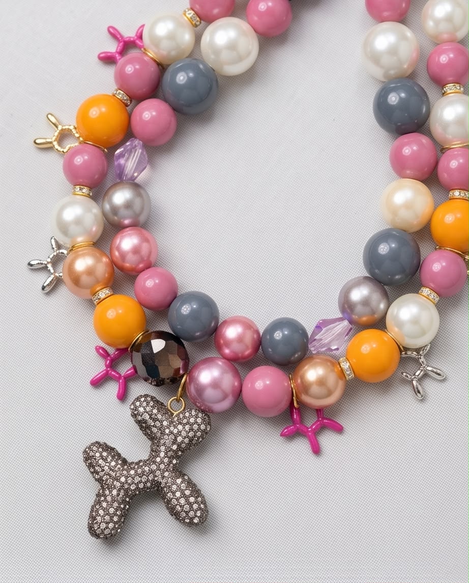 Kitsch Attack – Bunte Statement-Kette mit Ballonhund-Anhängern, Perlen und Kristalldetails