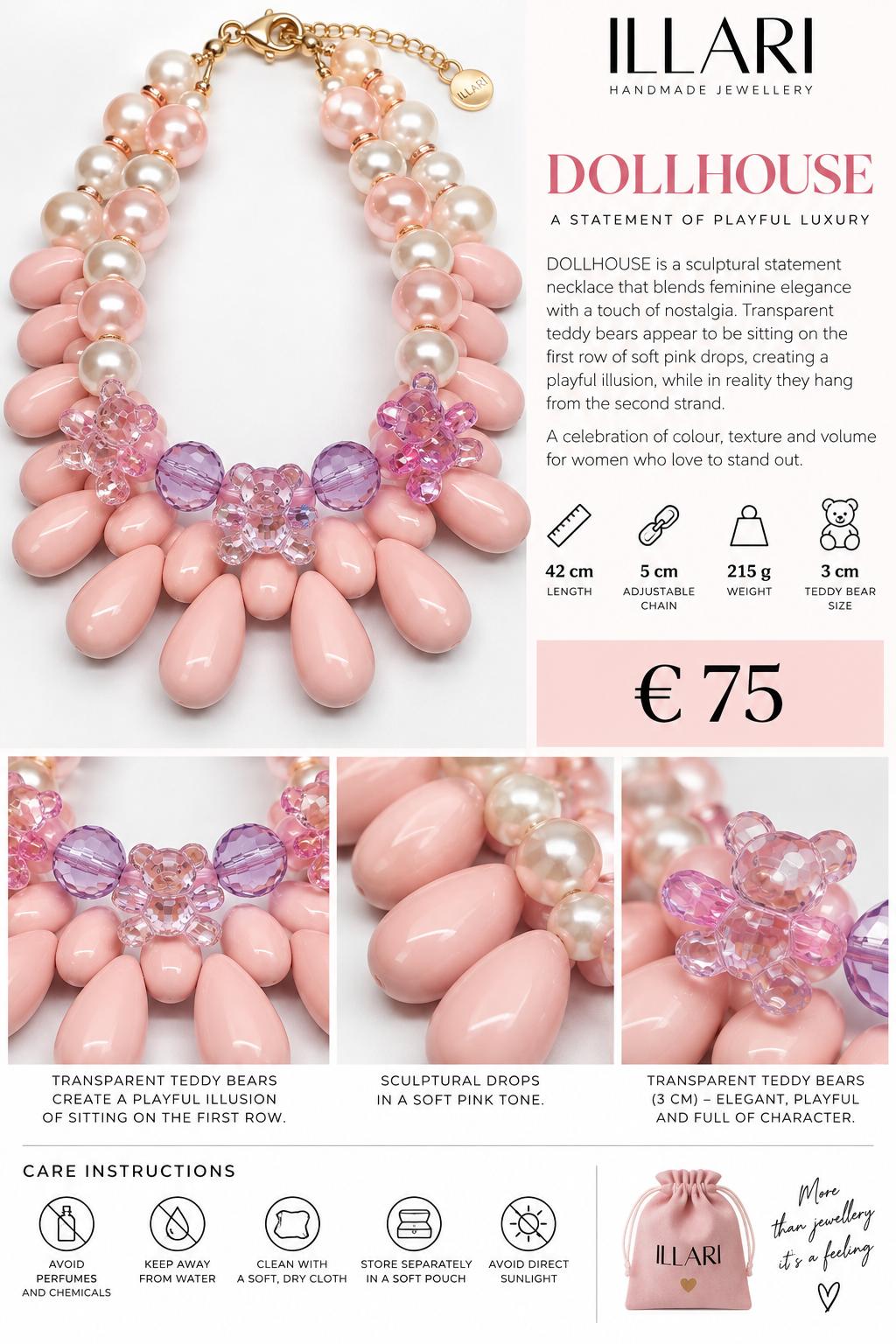 Dollhouse – Zweireihige Statement-Kette mit transparenten Teddybären, rosa Tropfen & Perlen