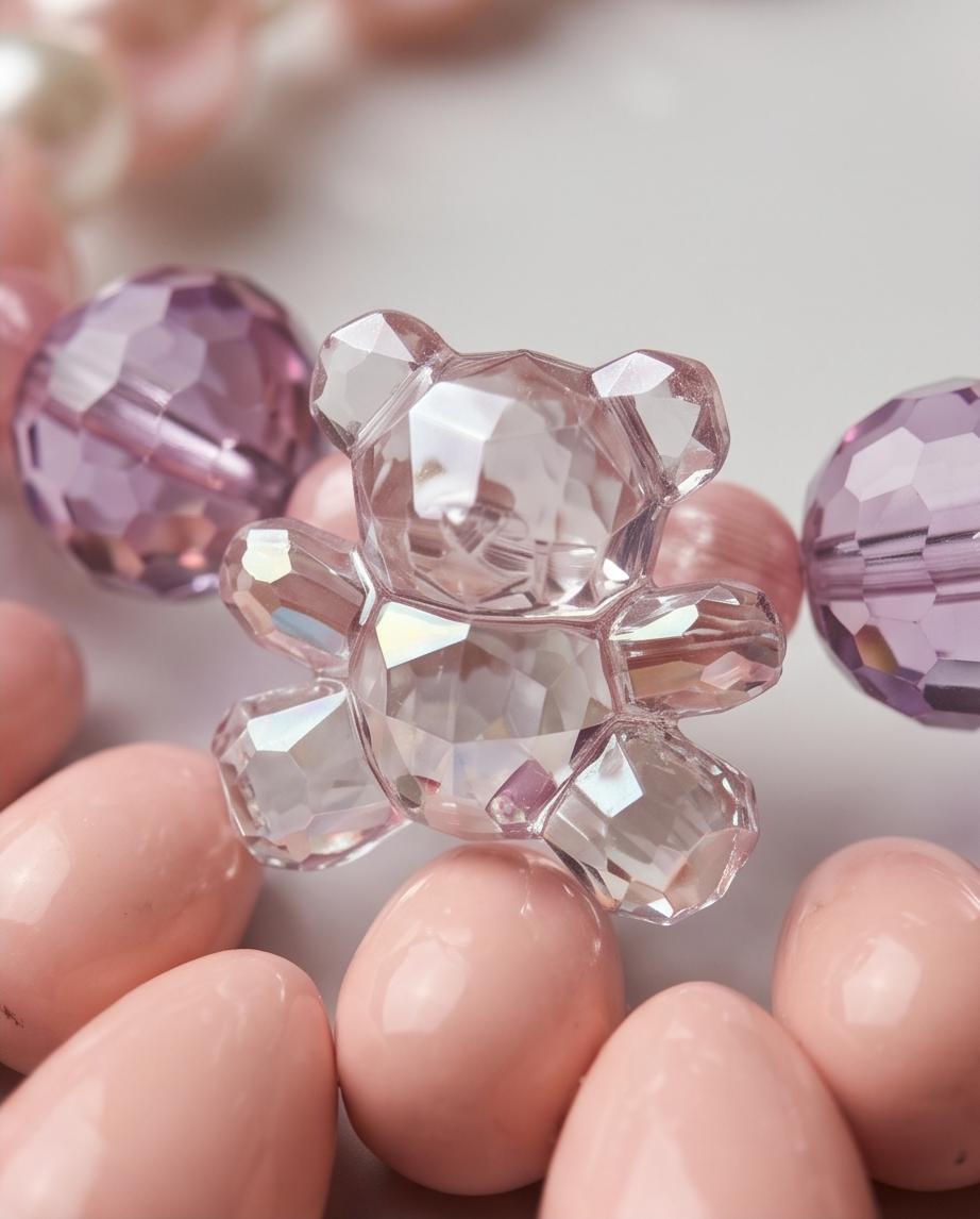 Dollhouse – Zweireihige Statement-Kette mit transparenten Teddybären, rosa Tropfen & Perlen