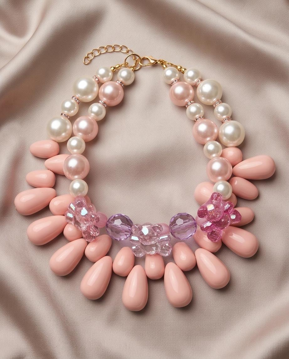 Dollhouse – Zweireihige Statement-Kette mit transparenten Teddybären, rosa Tropfen & Perlen