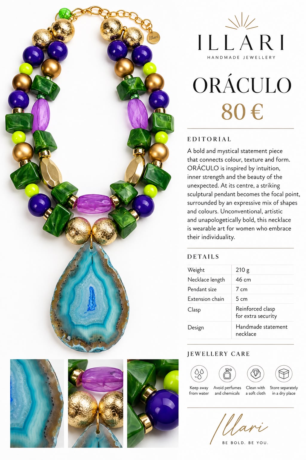 Oráculo – Zweireihige Statement-Kette mit türkisblauem Achat-Anhänger, Grün, Violett & Gold